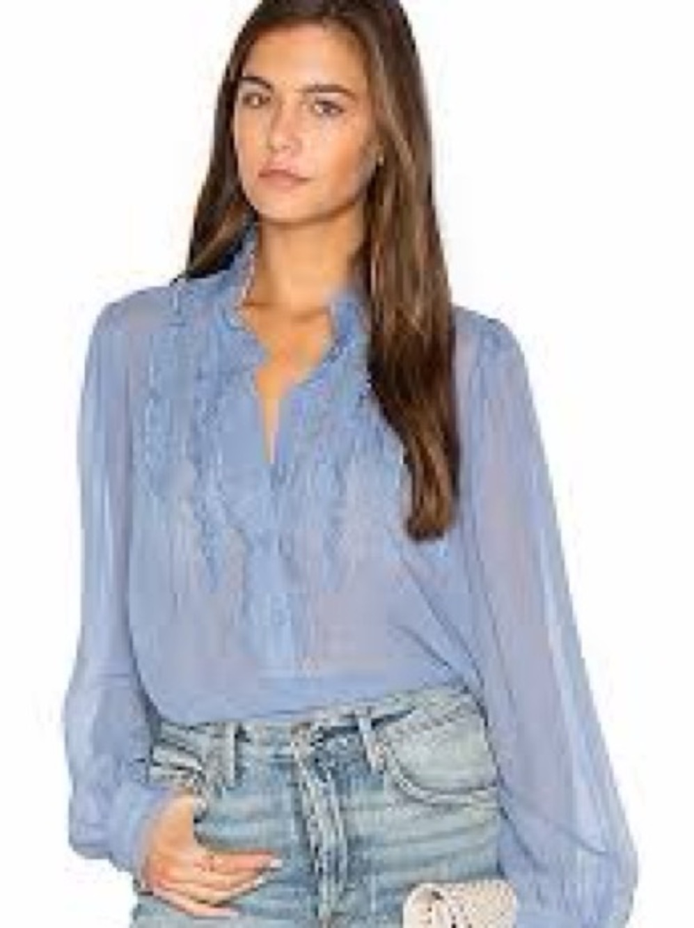 BCBGMaxAzria Dusty Blue Ruffle-Front Semi-Sheer Blouse